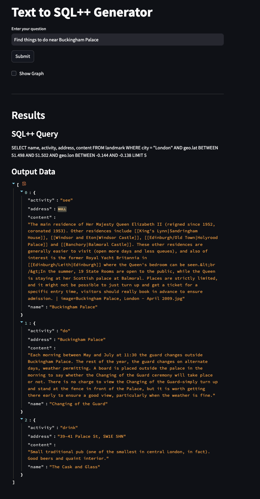 The SQL++ agent turning a natural language question into a query
