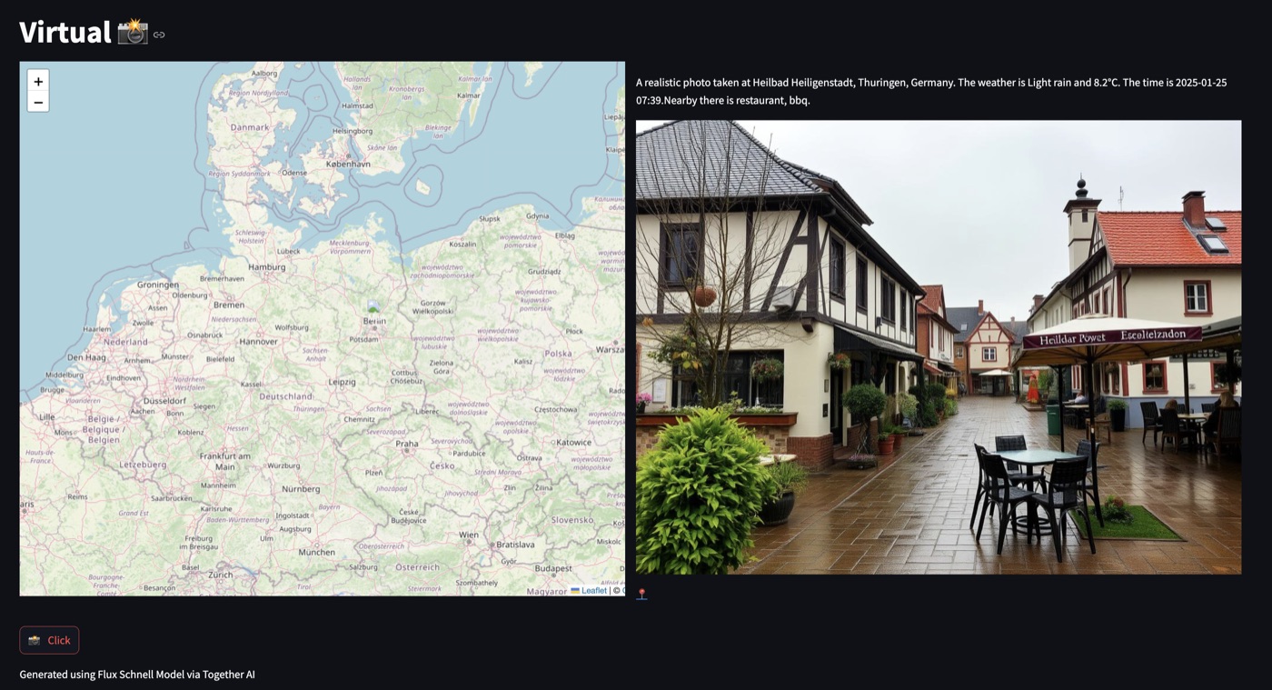 Virtual camera generating images from live location and weather data